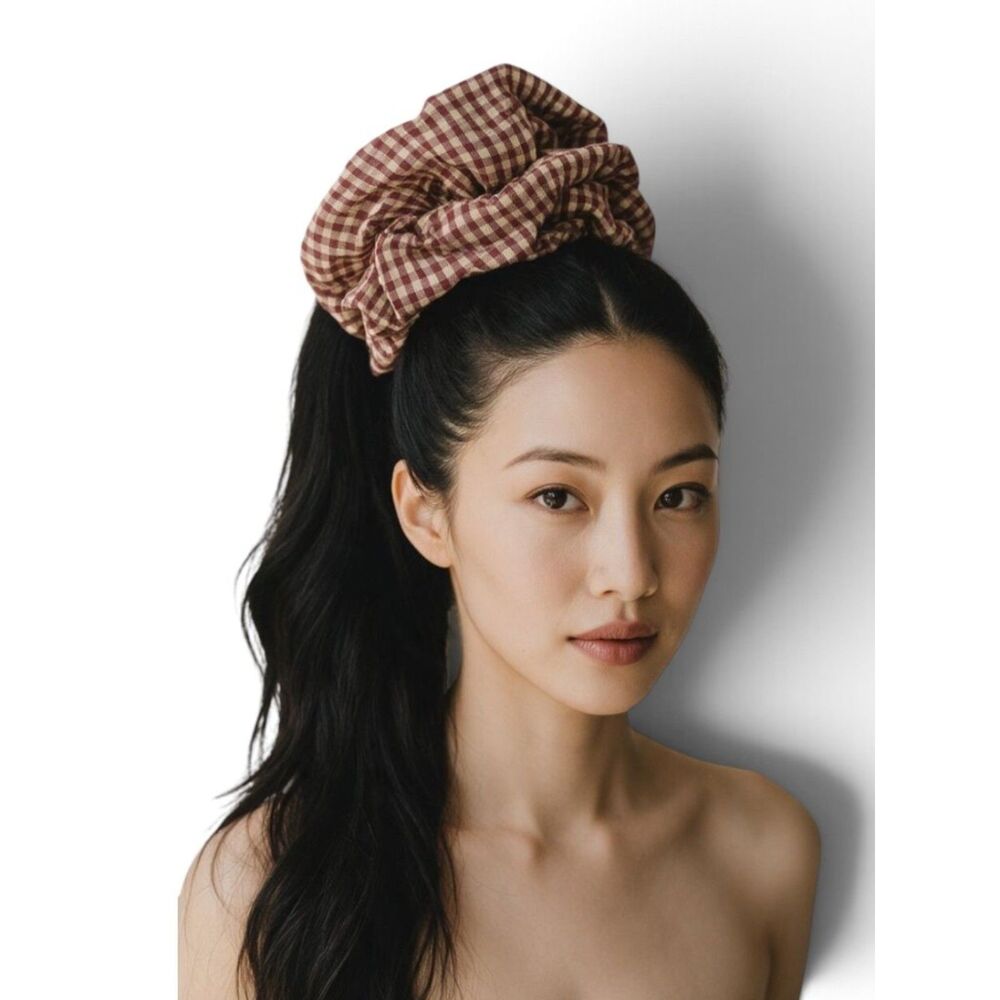 Handmade Red Gingham Cotton Hair Scrunchie Extra Large Oversized Ponytail Holder